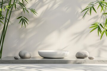 White product display podium with bamboo nature leaves and stone