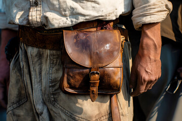 Fototapeta premium Close-up of Maintenance worker with bag and tools kit wearing on waist