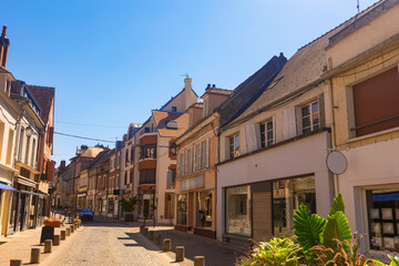 Fototapeta premium City street of Sens in afternoon. Sub-prefecture of Yonne department in north-central France.