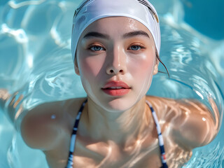 Streamlined Aquatic Style: Swim Cap on Asian Swimmer, Hydrodynamic Precision: Asian Athlete in Swim Cap, Aquatic Elegance: Swim Cap for Asian Swimmer, Dynamic Aquatics: Asian Swimmer in Swim Cap