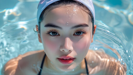 Streamlined Aquatic Style: Swim Cap on Asian Swimmer, Hydrodynamic Precision: Asian Athlete in Swim Cap, Aquatic Elegance: Swim Cap for Asian Swimmer, Dynamic Aquatics: Asian Swimmer in Swim Cap