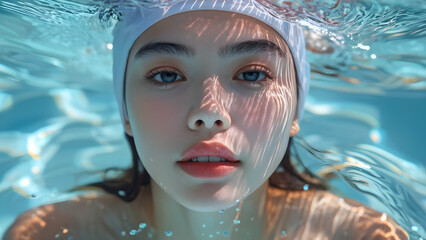 Streamlined Aquatic Style: Swim Cap on Asian Swimmer, Hydrodynamic Precision: Asian Athlete in Swim Cap, Aquatic Elegance: Swim Cap for Asian Swimmer, Dynamic Aquatics: Asian Swimmer in Swim Cap