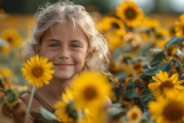 Upper body shot of a cheerful girl surrounded by blooming sunflowers in a garden.. AI generated.