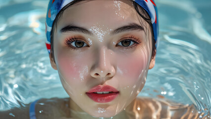 Streamlined Aquatic Style: Swim Cap on Asian Swimmer, Hydrodynamic Precision: Asian Athlete in Swim Cap, Aquatic Elegance: Swim Cap for Asian Swimmer, Dynamic Aquatics: Asian Swimmer in Swim Cap