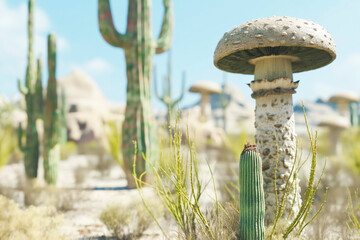 Desert landscape with giant mushrooms instead of cacti