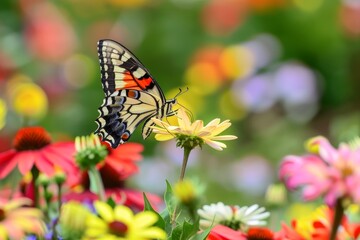 Obraz premium A flourishing flower garden bursting with colorful blooms attracting a variety of butterflies.
