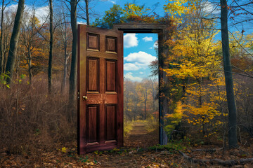 Door in the middle of a forest opening to reveal a surreal world