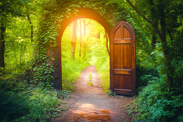 Door in the middle of a forest opening to reveal a surreal world