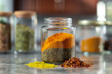 Jar of colorful spices on a kitchen counter