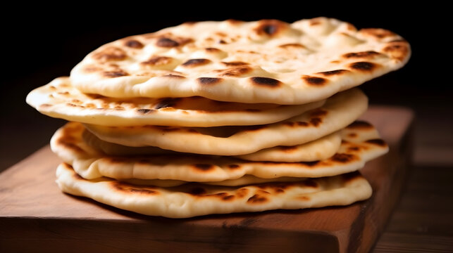 Stack of homemade naan bread on a cutting board.