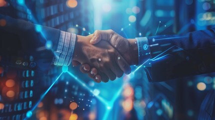 Close up of business people shaking hands against technology background, leader, teamwork, target, Aim, confident, achievement, goal, on plan, finish, generate by AI