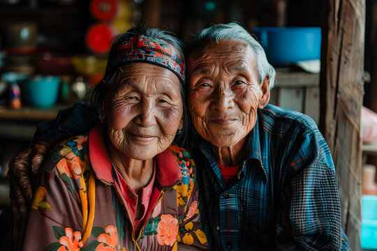 Portrait d'un couple de personnes &acirc;g&eacute;es asiatiques dans leur maison