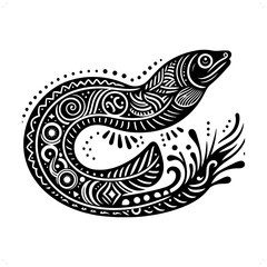 Eel silhouette in bohemian, boho, nature illustration