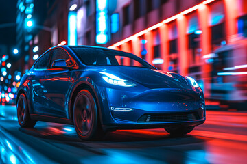 EV in the city driving at high speed at night with blur and neon lights
