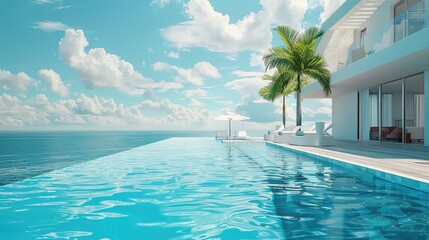 There is an infinity pool on a rooftop with the ocean in the background. There is a palm tree next to the pool and a lounge chair in the water. There is a white building with floor to ceiling windows 