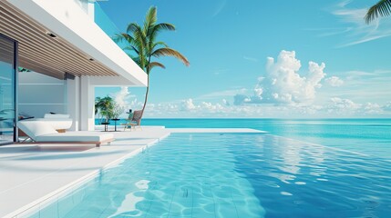 There is an infinity pool on a rooftop with the ocean in the background. There is a palm tree next to the pool and a lounge chair in the water. There is a white building with floor to ceiling windows  - Powered by Adobe