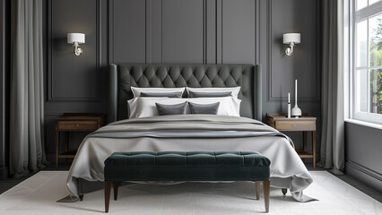 The bedroom is a beautiful contemporary style with a soft bed with velvet pillows and bedspreads