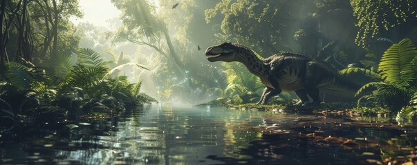 Majestic dinosaur in lush prehistoric jungle