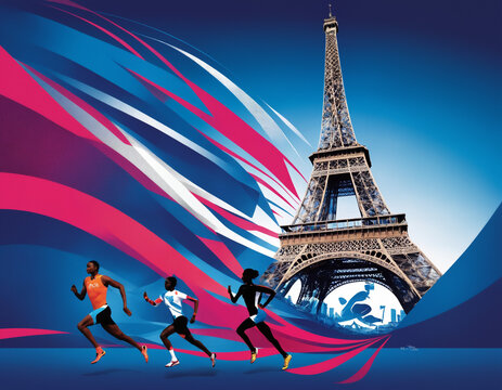 "A vibrant, artistic collage celebrating the 2024 Paris Olympics, featuring iconic symbols of France and the games, including the Eiffel Tower, medals, and a vibrant, colorful backdrop