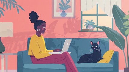 Illustration of a woman with laptop and black cat on a couch