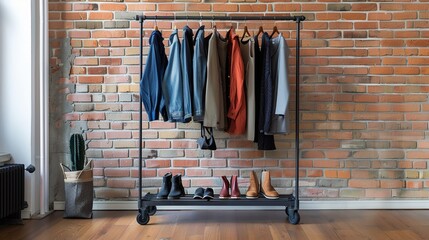 There is a clothing rack with 8 items of clothing on it. There are also 3 pairs of shoes on the bottom shelf of the rack. The rack is made of metal and has wheels. There is a brick wall behind the rac
