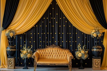 Luxury wedding stage decoration. stage decoration for wedding. wedding ceremonies decoration. wedding hall decoration. elegant wedding stage with flowers. black and yellow wedding stage decoration.