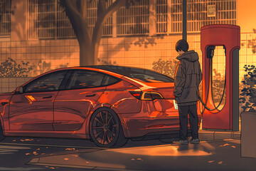 frustrated driver dealing with a malfunctioning charging cable or equipment at a charging station, illustrating reliability issues with charging infrastructure