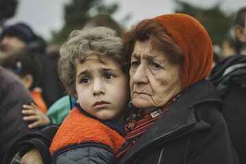 Fototapeta premium Funeral concept. Crying family and child hug grandmother for support, mourning depression and death at emotional burial event