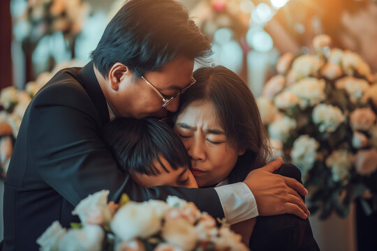 Funeral concept. Crying family and child hug grandmother for support, mourning depression and death at emotional burial event
