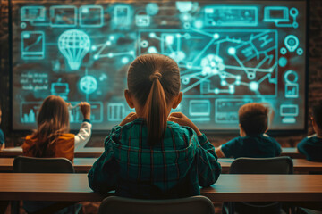 futuristic educational environment with holographic displays and interactive learning tools