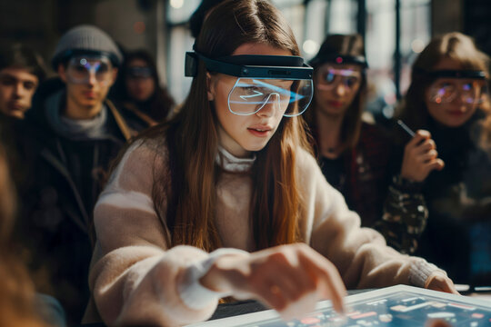 futuristic educational environment with holographic displays and interactive learning tools