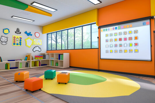 futuristic educational environment with holographic displays and interactive learning tools