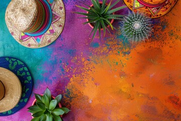Cactuses, poncho and traditional mexican sombrero hat on bright colorful background. Cinco de Mayo. Viva Mexico. Traditional latin holiday, party, fiesta creative concept. Flat lay with copy space - obrazy, fototapety, plakaty