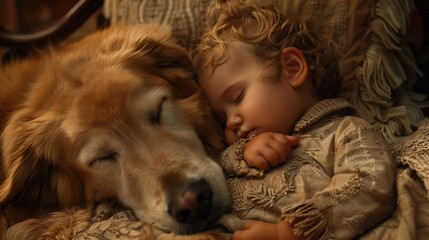 sleeping baby in furs with his beloved friend - obrazy, fototapety, plakaty