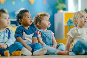 Group of small nursery school children sitting and listening to teacher on floor indoors in classroom