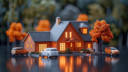 A detailed model of a house with tiny cars parked in front of it. The depiction showcases a cozy and welcoming neighborhood scene