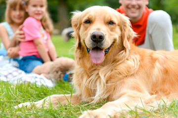 Happy family playing with happy golden retriever dog on the backyard lawn