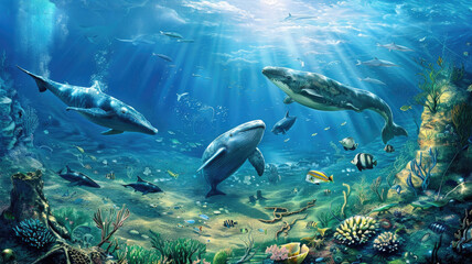 Obraz premium Fish, sharks and whales on the seabed. World Ocean Day. Protection of aquatic life