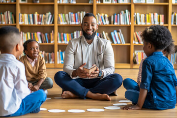 Happy Group of kids sitting on floor in circle around with teacher in library for listening a story