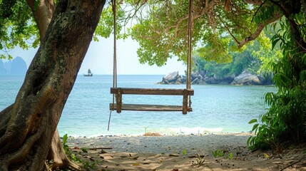 A wooden swing hangs from a tree on a beach, overlooking the water with boats sailing in the distance under a sky dotted with fluffy clouds AIG50