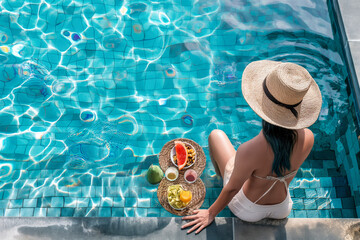 Healthy woman on swimming pool in luxurious tropical resort with have various food and drinks on table, Beach luxury lifestyle in summer vacation