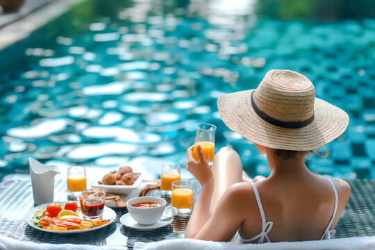 Healthy woman on swimming pool in luxurious tropical resort with have various food and drinks on table, Beach luxury lifestyle in summer vacation