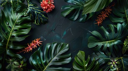 An artistic arrangement of tropical leaves and flowers on a deep blue background, showcasing the beauty of terrestrial plants and their vibrant colors AIG50