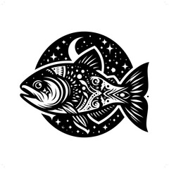 piranha silhouette in bohemian, boho, nature illustration