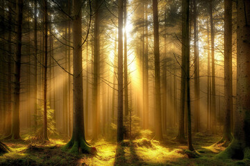 Fototapeta premium Peaceful forest with sunlight streaming through the trees