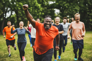 Diverse group of people exercising outdoors in a park