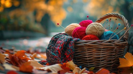 Knitting needles and yarn balls in wicker basket with autumn leaves - Powered by Adobe