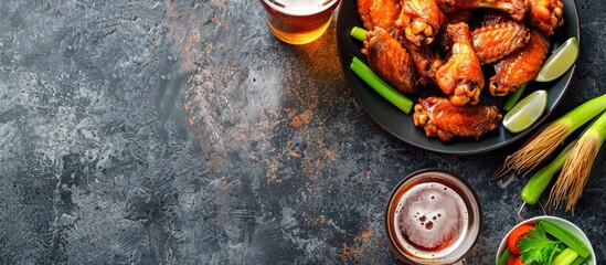 Buffalo-style chicken wings accompanied by chilled beer, seen from above with space for text.