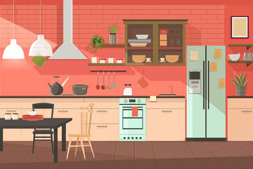 Interior of modern comfortable kitchen room, Modern furniture with utensils, shelves with crockery and plants, refrigerator and table in simple minimal dining room