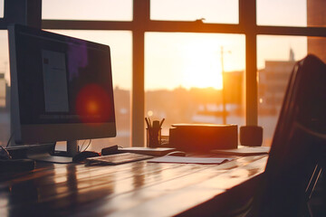 Interior of office at home setup with computer with desk and chair with a stunning view through the window
